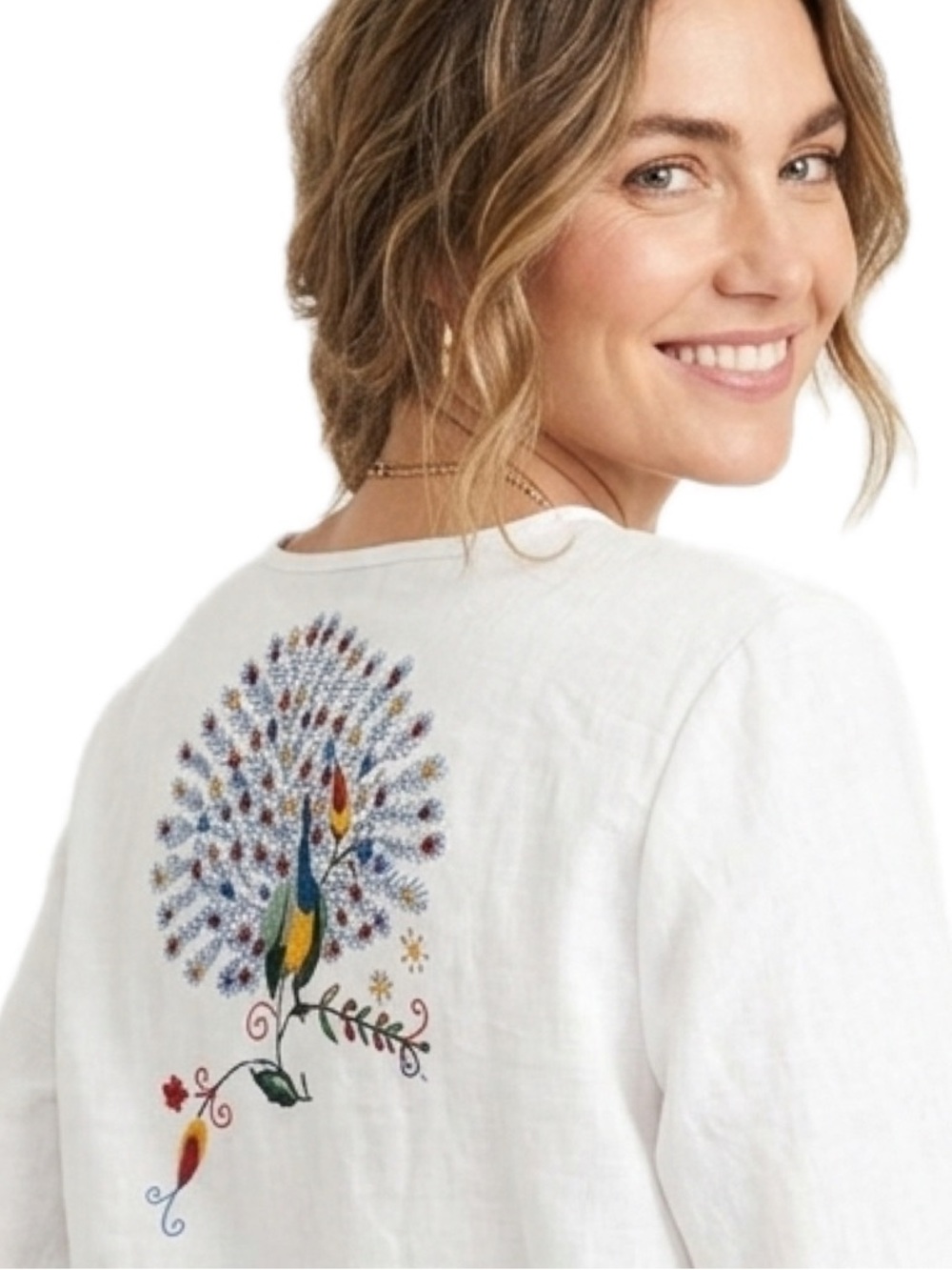 Carole Little White Linen Embroidered Peacock Boho Peasant Blouse Peacock Motif - Picture 2 of 10